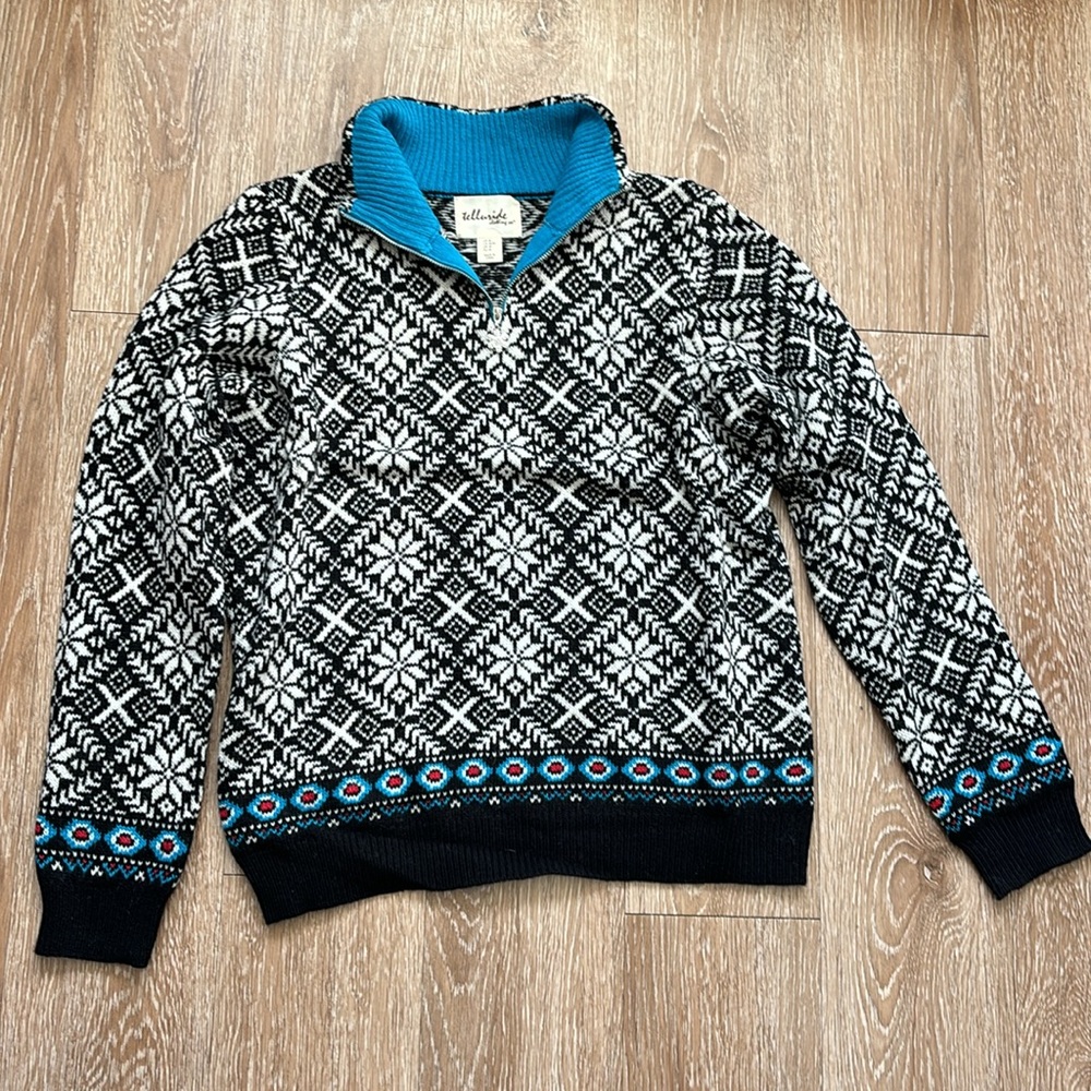 Telluride black/white/blue fair isle/snowflake quarter zip sweater, Medium